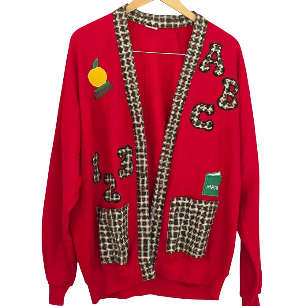 Handcrafted Unique 3XL Red Knit Teacher Core ABC Fleece Cardigan Jacket - Picture 4 of 12